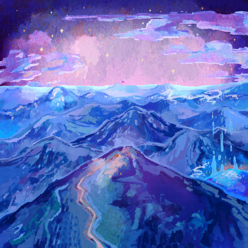 absurdres album_cover clouds commentary_request cover dragon eastern_dragon highres kiato landscape mountain no_humans original outdoors scenery second-party_source sky sparkle