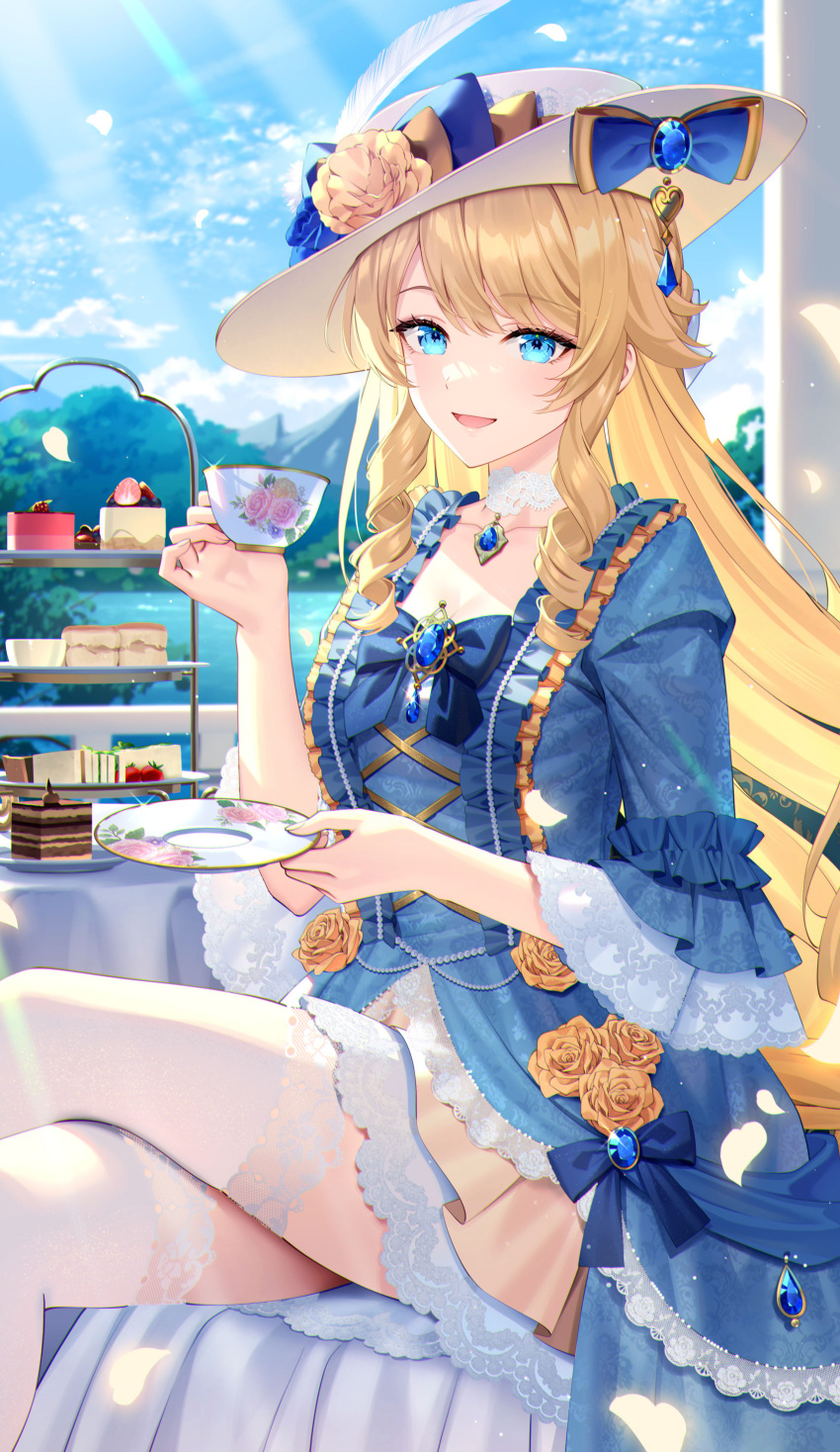 1girl absurdres blonde_hair blue_eyes bshi_edayo cake cup dress food genshin_impact hat highres holding holding_cup holding_plate jewelry long_hair looking_at_viewer navia_(genshin_impact) open_mouth plate sitting smile solo tea tea_party teacup thigh-highs very_long_hair