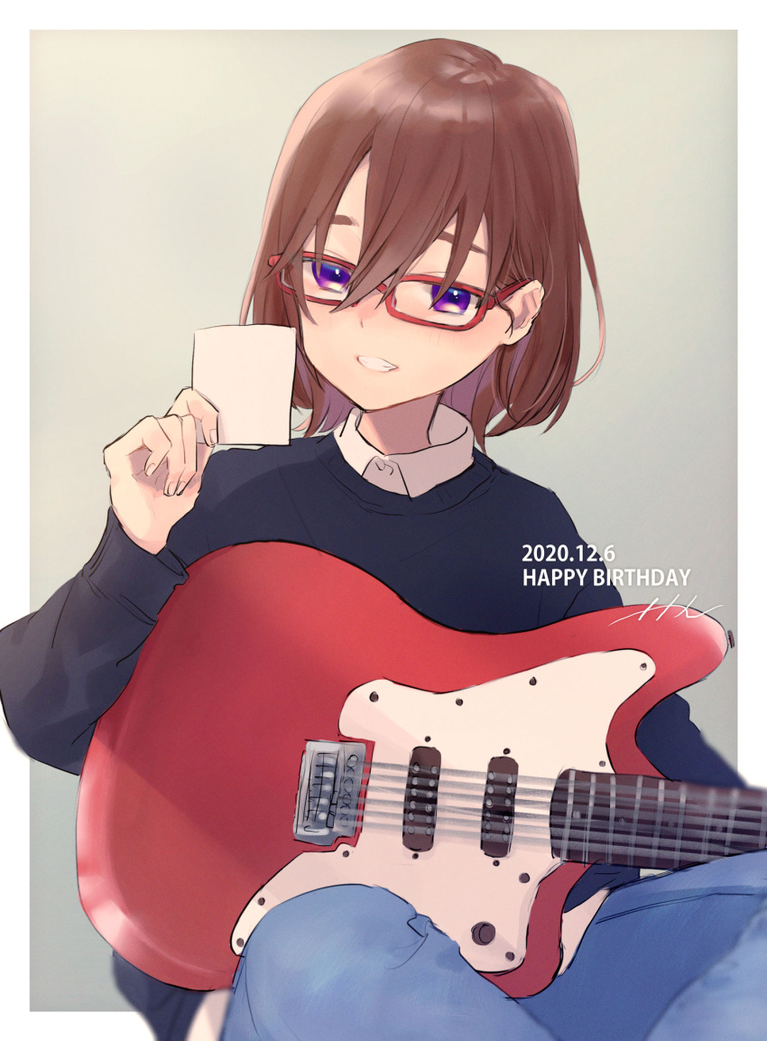 1girl brown_hair collared_shirt dated denim electric_guitar glasses grin guitar happy_birthday highres holding holding_instrument holding_paper indian_style indie_virtual_youtuber instrument jeans kashino_tsukune naname_(7name) pants paper red-framed_eyewear shirt short_hair sitting smile solo sweater violet_eyes virtual_youtuber