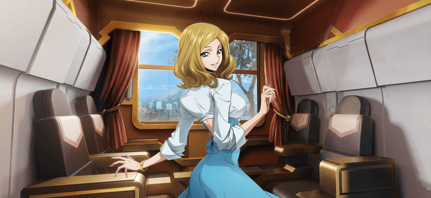 1girl artist_request back backless_dress backless_outfit blonde_hair blue_dress blue_eyes blue_shirt blue_sky bracelet breasts chair code_geass code_geass:_lost_stories cowboy_shot crop_top day dress from_behind game_cg hand_up happy highres indoors jewelry long_sleeves looking_at_viewer looking_back medium_breasts medium_hair milly_ashford non-web_source official_art parted_bangs parted_lips shirt sidelocks sky smile solo standing teeth train_interior tree window