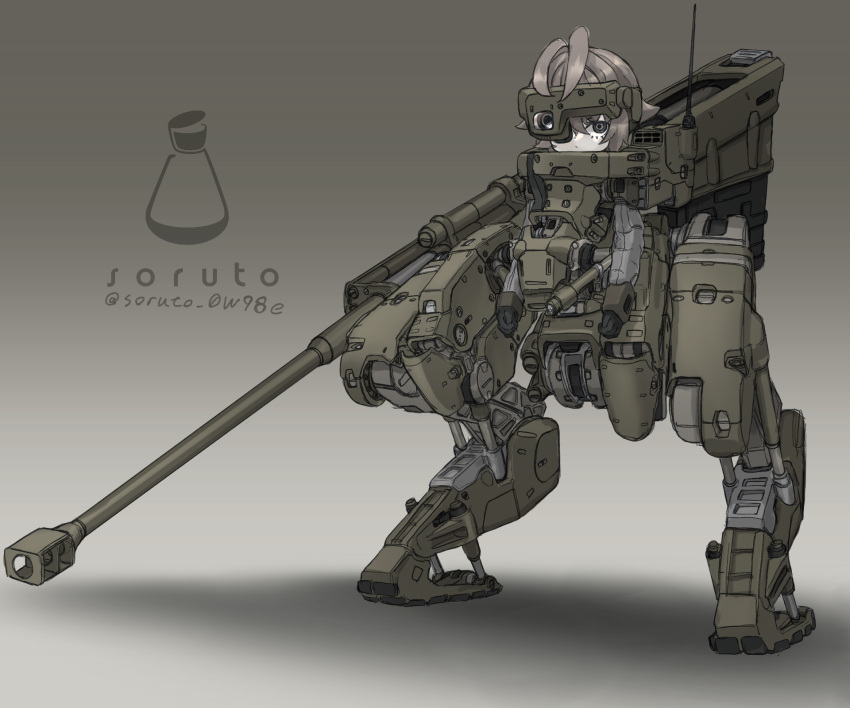 1girl armor artillery brown_hair cannon commentary_request full_body gradient_background grey_eyes head-mounted_display highres joints looking_at_viewer mecha_musume original piston robot_joints short_hair solo soruto_0w98e standing