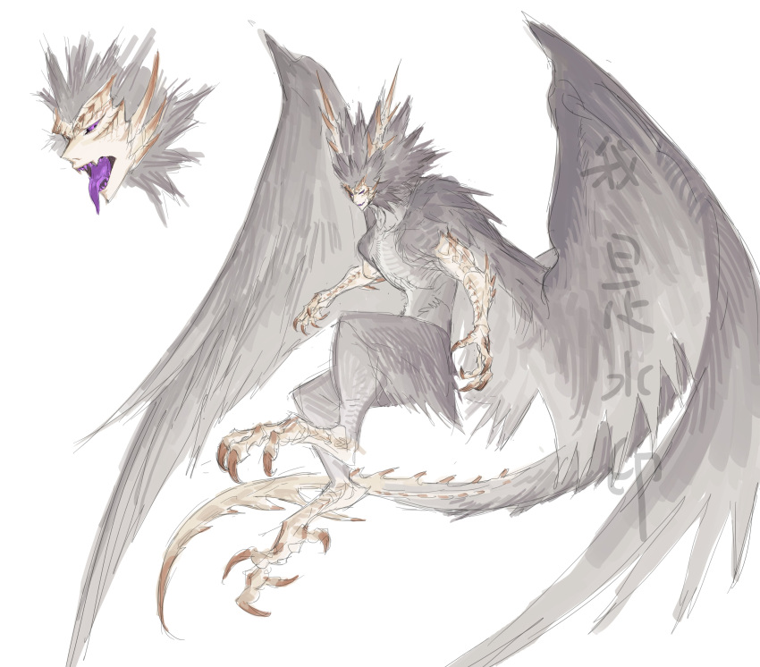 1boy absurdres animal_feet antlers bird_boy bird_wings claws colored_skin colored_teeth colored_tongue digitigrade feathered_wings full_body grey_hair grey_skin grey_wings highres horns leviair long_hair long_tail long_tongue looking_at_viewer male_focus monster_boy multicolored_skin multiple_views open_mouth original purple_tongue sharp_teeth simple_background tail teeth tongue tongue_out violet_eyes white_background wings