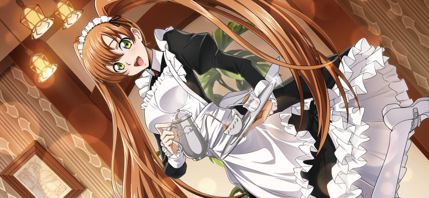 1girl apron artist_request black_dress blurry blush bokeh breasts code_geass code_geass:_lost_stories cork cup depth_of_field dress dutch_angle frilled_apron frilled_dress frilled_sleeves frills game_cg glint green_eyes hair_between_eyes happy highres holding holding_teapot holding_tray indoors jar juliet_sleeves leg_up long_dress long_hair long_sleeves looking_at_viewer maid maid_apron maid_headdress medium_breasts non-web_source official_art open_mouth orange_hair pantyhose picture_frame pouring puffy_sleeves saucer shirley_fenette shoes sidelocks smile solo spoon standing standing_on_one_leg steam sugar_(food) teacup teapot teeth tray twintails very_long_hair white_apron white_footwear white_pantyhose