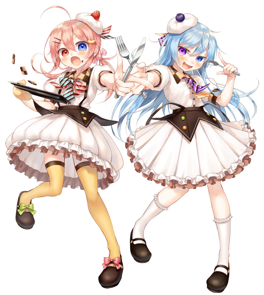 2girls :d :o absurdres ahoge black_footwear blue_eyes blue_hair blush checkerboard_cookie collared_shirt cookie dress_shirt fang food food_on_face fork frilled_skirt frilled_socks frills hair_ornament hairclip heterochromia highres holding holding_fork holding_knife holding_spoon knife long_hair looking_at_viewer low_twintails multiple_girls original outstretched_arm pink_hair pleated_skirt puffy_short_sleeves puffy_sleeves red_eyes satou_saya shirt shoes short_sleeves simple_background skirt smile socks spoon thigh-highs twintails very_long_hair violet_eyes white_background white_shirt white_skirt white_socks yellow_thighhighs