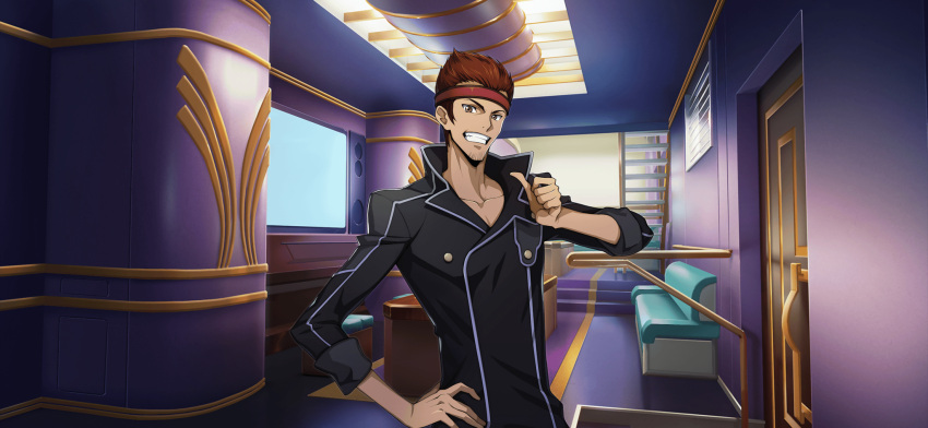 1boy artist_request bench black_jacket brown_eyes brown_hair buttons code_geass code_geass:_lost_stories collarbone door facial_hair game_cg goatee_stubble grin hand_on_own_hip hand_up happy headband highres indoors jacket looking_at_viewer male_focus non-web_source official_art pectoral_cleavage pectorals pointing pointing_at_self red_headband short_hair sidelocks smile solo spiky_hair stairs standing stubble tamaki_shin'ichirou teeth television thumbs_up upper_body v-shaped_eyebrows