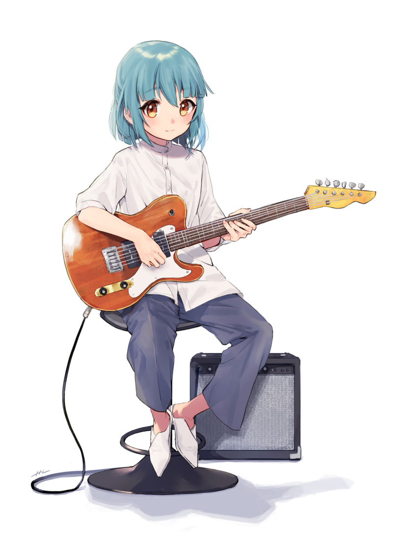 1girl amplifier blue_hair blush cable character_request electric_guitar guitar highres holding holding_instrument indie_virtual_youtuber instrument looking_at_viewer music naname_(7name) original pants playing_instrument short_hair sitting smile solo stool virtual_youtuber yellow_eyes