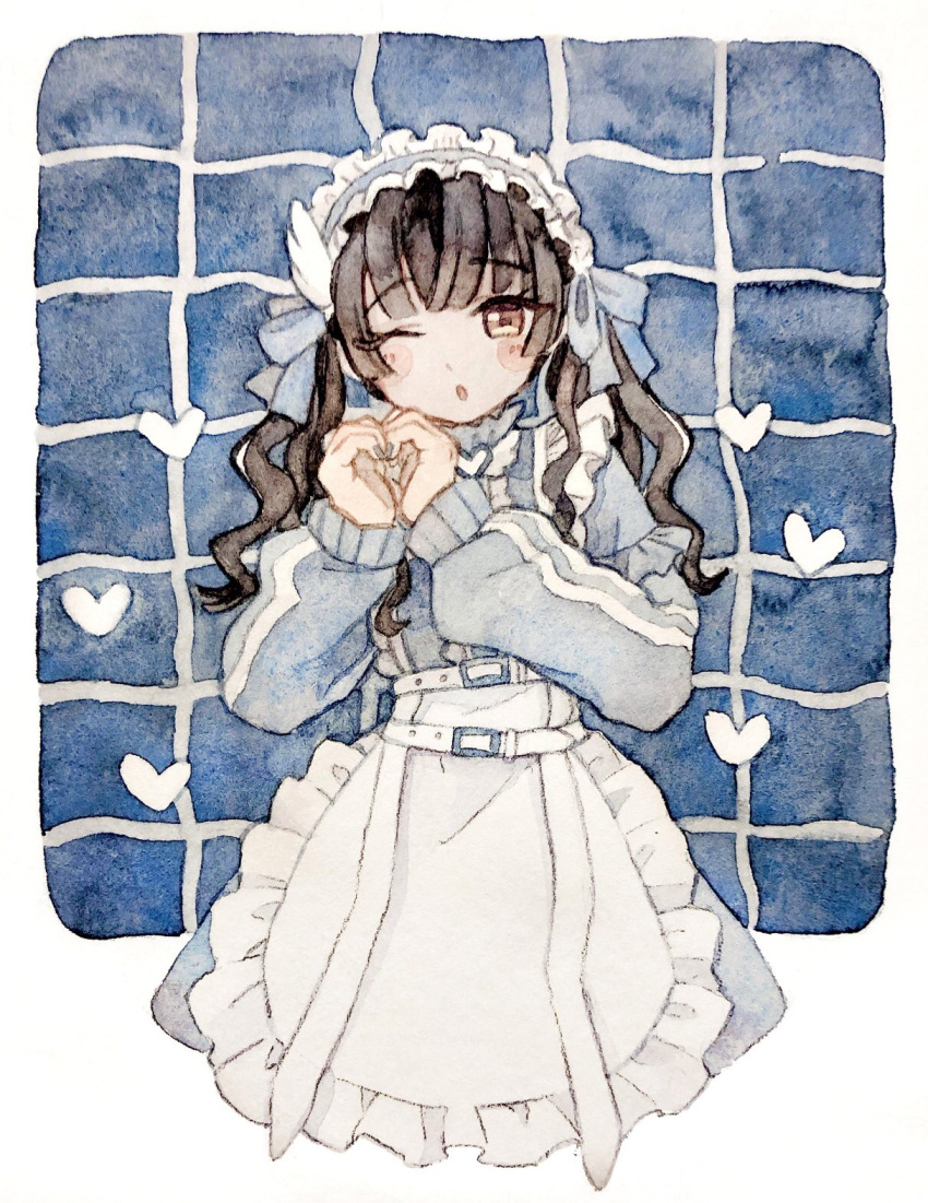 1girl :o alternate_costume apron blue_bow blue_jacket blush_stickers bow brown_eyes brown_hair cropped_legs enmaided frilled_apron frills hair_bow heart heart_hands highres idolmaster idolmaster_shiny_colors jacket jersey_maid long_bangs long_hair long_sleeves looking_at_viewer maid maid_headdress mayuzumi_fuyuko one_eye_closed open_mouth sidelocks simple_background sisyamo_sakana sleeve_cuffs solo striped_clothes striped_jacket track_jacket twintails unconventional_maid white_apron white_background