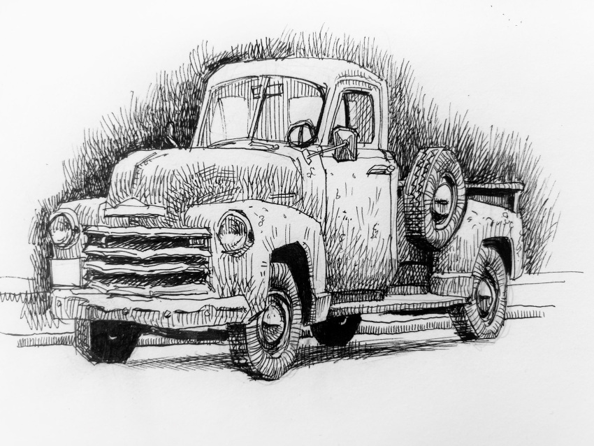car chevrolet commentary english_commentary english_text greyscale headlight highres monochrome motor_vehicle no_humans original paulheaston pickup_truck rear-view_mirror steering_wheel truck