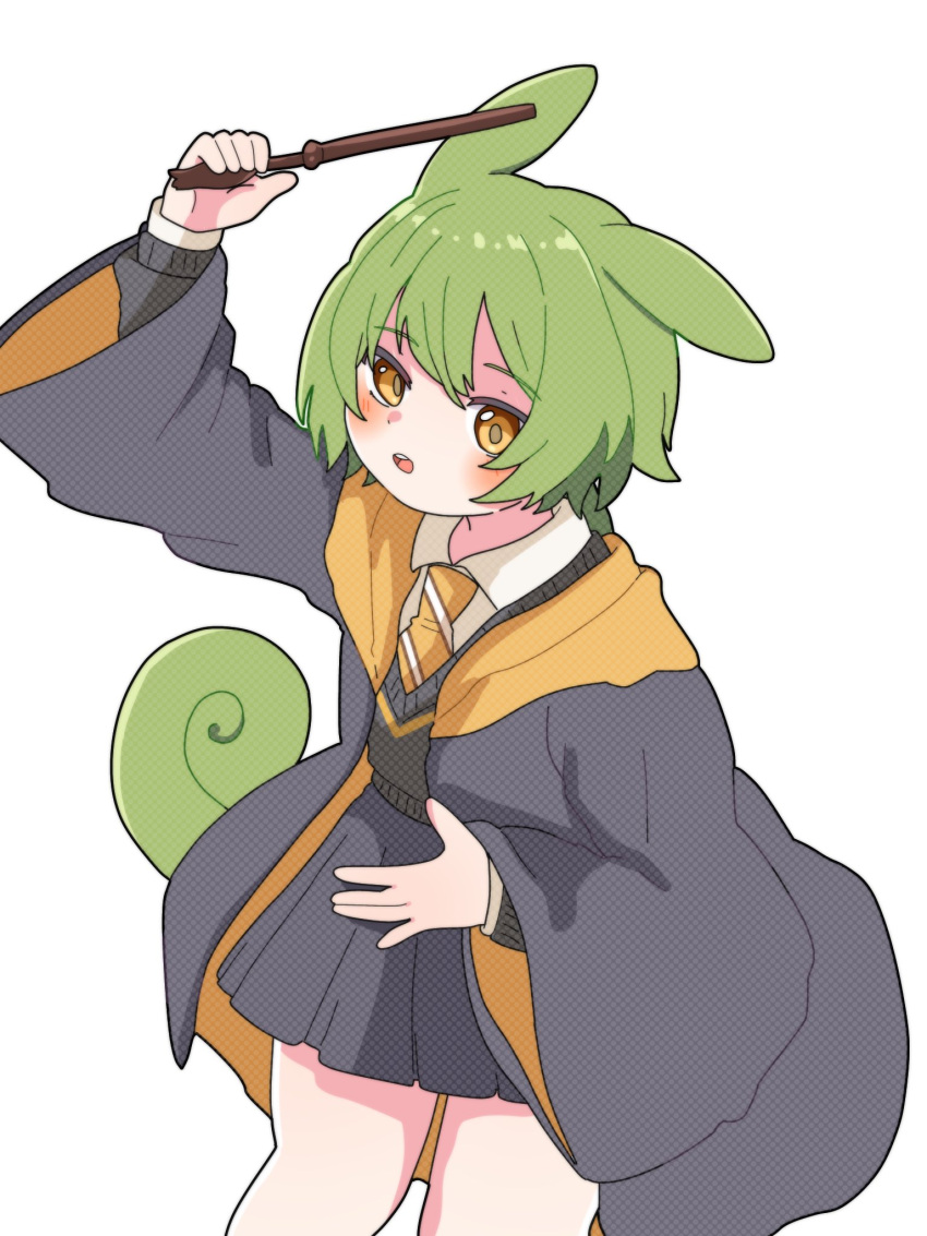1girl :o alternate_costume animal_ears black_jacket black_outline black_skirt black_sweater_vest collared_shirt green_hair hair_between_eyes halftone_texture highres holding holding_wand hood hooded_jacket jacket light_blush long_hair looking_at_viewer low_ponytail necktie open_mouth orange_eyes orange_necktie outline pleated_skirt poroporosaburo shirt simple_background skirt solo striped_necktie sweater_vest thighs voicevox wand white_background white_shirt zundamon