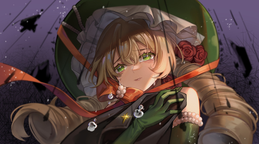 1girl bare_shoulders black_jacket blonde_hair bow braid chin_strap closed_mouth crying crying_with_eyes_open elbow_gloves flower from_below furrowed_brow gloves green_eyes green_gloves green_headwear hat hat_flower highres holding holding_clothes jacket long_hair looking_down low_twintails orange_bow portrait purple_background red_flower red_rose reverse:1999 rose solo sotheby streaming_tears suit_jacket tears twin_braids twintails unworn_jacket weimu_vmovie