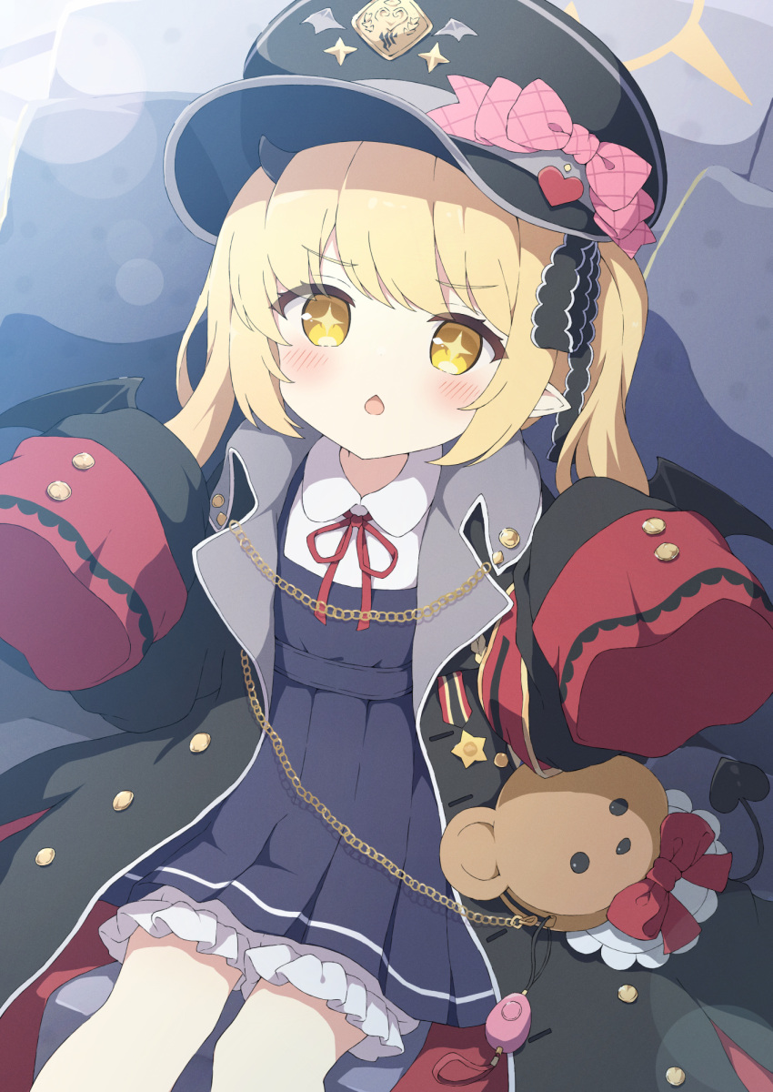 1girl black_coat black_dress black_headwear black_tail black_wings blonde_hair bloomers blue_archive blush coat collared_shirt demon_tail demon_wings dress halo hat highres ibuki_(blue_archive) long_hair neck_ribbon open_clothes open_coat peaked_cap pinafore_dress pointy_ears red_ribbon ribbon shirt sleeveless sleeveless_dress sleeves_past_fingers sleeves_past_wrists solo tail tyakomes white_bloomers white_shirt wings yellow_halo