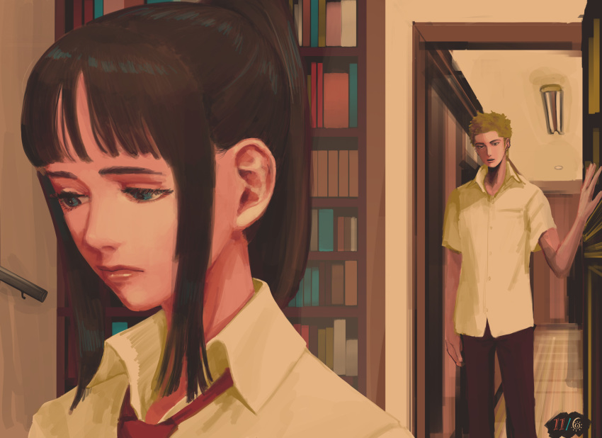 1boy 1girl absurdres alternate_costume black_hair blue_eyes blunt_bangs bookshelf closed_mouth commentary_request green_hair highres hisarakanoi indoors long_hair necktie nico_robin one_piece open_mouth ponytail red_necktie roronoa_zoro shirt short_hair short_sleeves white_shirt
