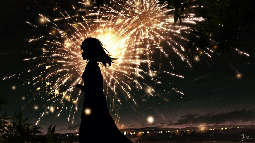 1girl city_lights clouds dark feet_out_of_frame fireworks floating_hair from_side highres holding_fireworks long_hair mountainous_horizon night night_sky original outdoors plant profile scenery signature silhouette sky skyrick9413 solo sparkler