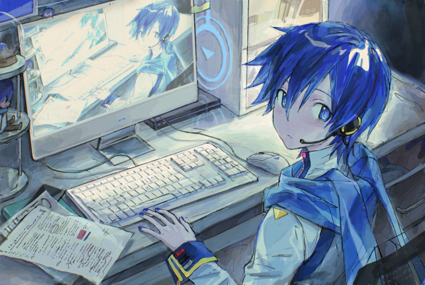 1boy black_headphones blue_eyes blue_hair blue_nails blue_scarf book character_doll chinese_commentary coat commentary computer dark_background desk drawer expressionless hand_up highres indoors kaito_(vocaloid) keyboard_(computer) light_blush looking_back male_focus microphone mnkurooo monitor mouse_(computer) night on_chair on_computer open_drawer paper scarf short_hair sitting sleeve_cuffs snow_globe solo sticky_note upper_body vocaloid white_coat