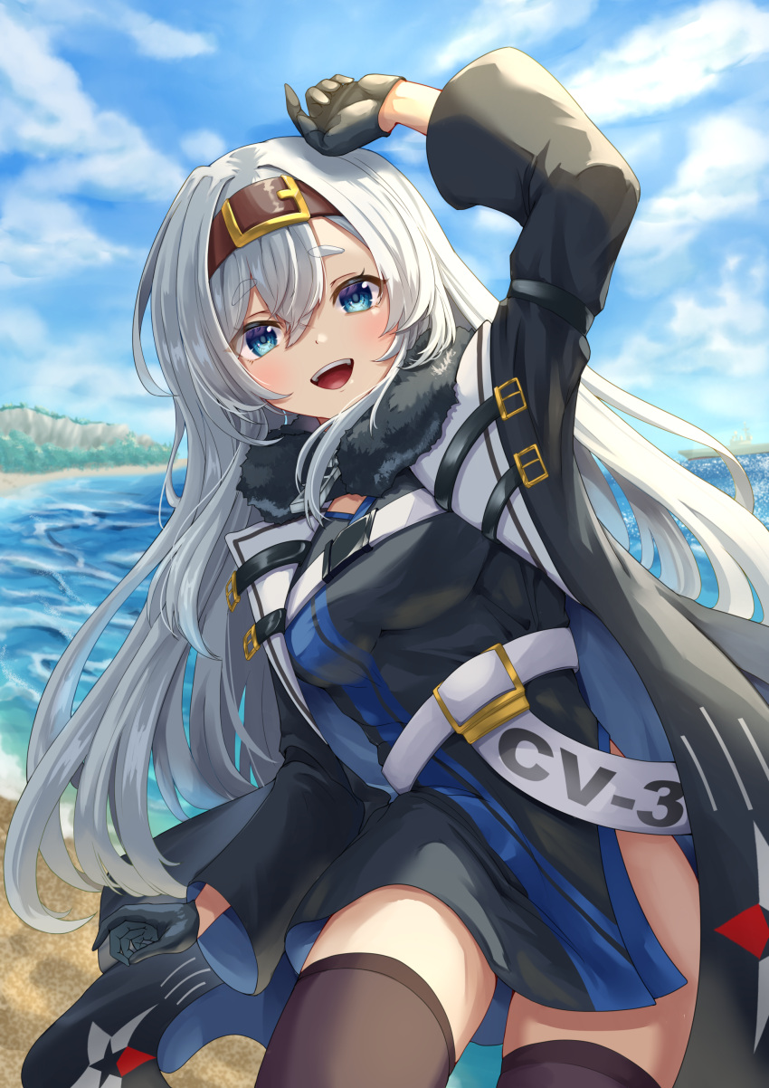 1girl absurdres alternate_breast_size arm_up azur_lane beach black_coat black_dress black_gloves black_thighhighs blue_eyes bon_homme_richard_(azur_lane) breasts brown_hairband coat commission day dress gloves hairband happy highres hip_focus leaning_forward looking_at_viewer medium_breasts ocean open_clothes open_coat outdoors pixiv_commission solo teeth thigh-highs thighs upper_teeth_only white_hair yam_(yam6056)