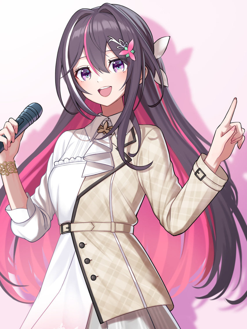 1girl :d ascot azki_(hololive) black_hair blush bow bracelet buttons collared_shirt colored_inner_hair cowboy_shot hair_between_eyes hair_bow hair_intakes hair_ornament hands_up highres holding holding_microphone hololive imahuku index_finger_raised jacket jewelry lapels long_sleeves looking_at_viewer microphone multicolored_hair nail_polish open_mouth pink_hair pink_nails plaid plaid_jacket shadow shirt sidelocks simple_background smile solo streaked_hair teeth upper_teeth_only violet_eyes virtual_youtuber white_ascot white_background white_bow white_jacket white_shirt