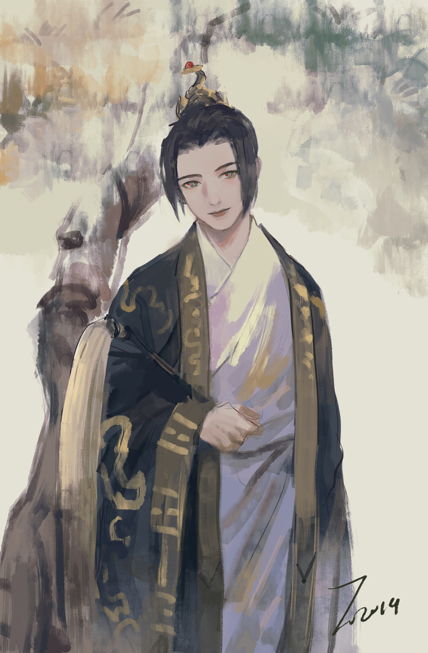 1boy 2019 axis_powers_hetalia black_cape black_hair bright_pupils cape china_(hetalia) clenched_hand closed_mouth daligaoxin163 forehead gold_trim green_eyes hair_ornament head_tilt highres japanese_clothes kimono looking_at_viewer male_focus painterly parted_bangs short_hair signature solo standing white_background white_kimono white_pupils