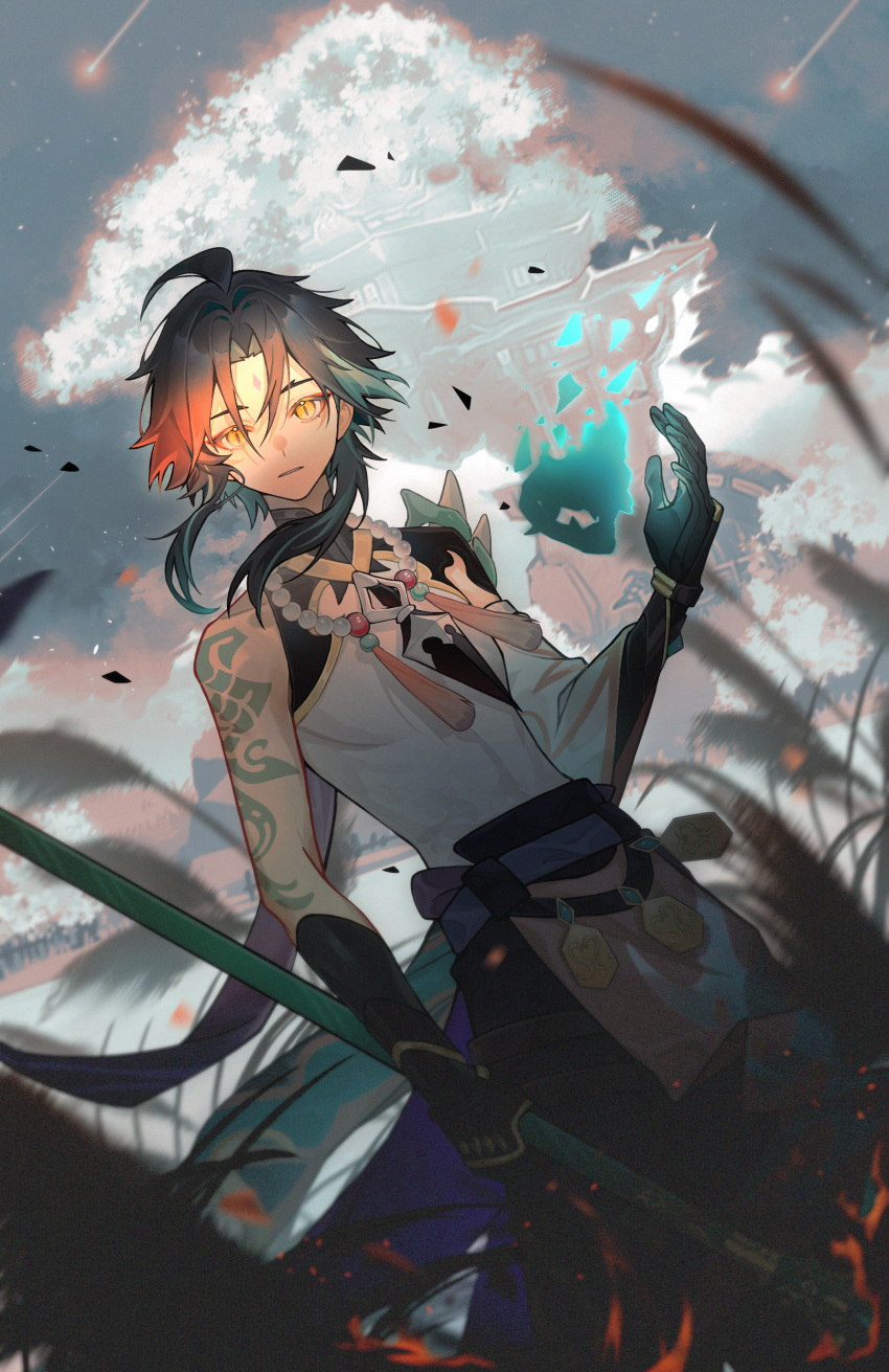1boy absurdres ahoge arm_tattoo bare_shoulders black_gloves black_hair black_pants blurry blurry_foreground clouds cowboy_shot cumulonimbus_cloud dutch_angle evening floating forehead genshin_impact gloves gradient_hair grass green_hair hair_intakes highres holding holding_polearm holding_weapon looking_at_viewer male_focus multicolored_hair open_hand outdoors pants parted_bangs parted_lips polearm shirt shooting_star sleeveless sleeveless_shirt slit_pupils solo spear tattoo weapon white_shirt xiao_(genshin_impact) yan_jian_jian yellow_eyes