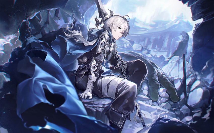 1boy ahoge arm_support armor bandaged_arm bandages black_cloak black_pants blue_cape cape cloak commentary disembodied_limb frown grey_hair highres holding holding_polearm holding_weapon hood hooded_cloak looking_at_viewer male_focus original outdoors pants polearm red_eyes rock ruins short_hair solo symbol-only_commentary weapon yohaku