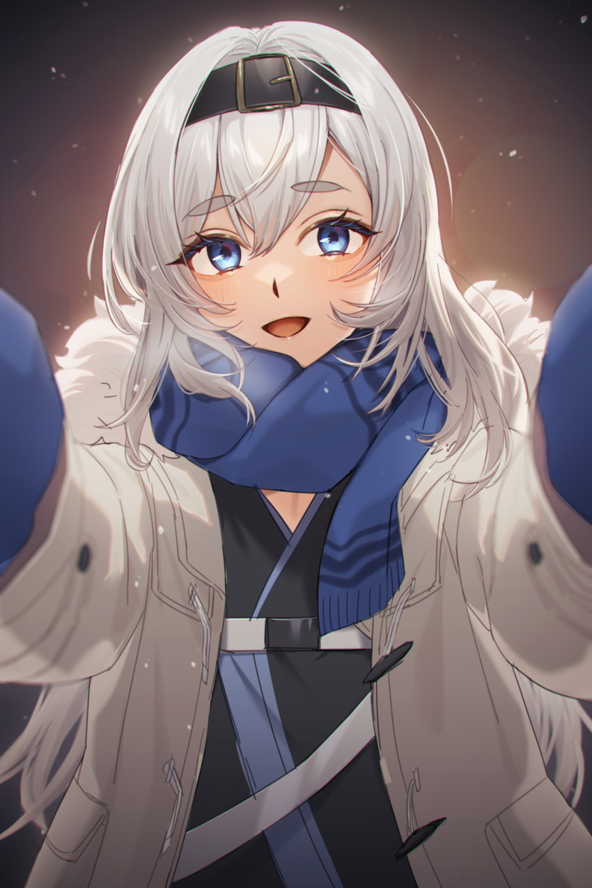 azur_lane blue_eyes bon_homme_richard_(azur_lane) coat commission duffel_coat facing_viewer fur-trimmed_coat fur_trim hair_belt hair_between_eyes highres long_hair looking_at_viewer maitei_roppa meme open_clothes open_coat outstretched_arms pixiv_commission pov pov_cheek_warming_(meme) reaching reaching_towards_viewer scarf smile thick_eyebrows white_hair winter_clothes winter_coat winter_gloves