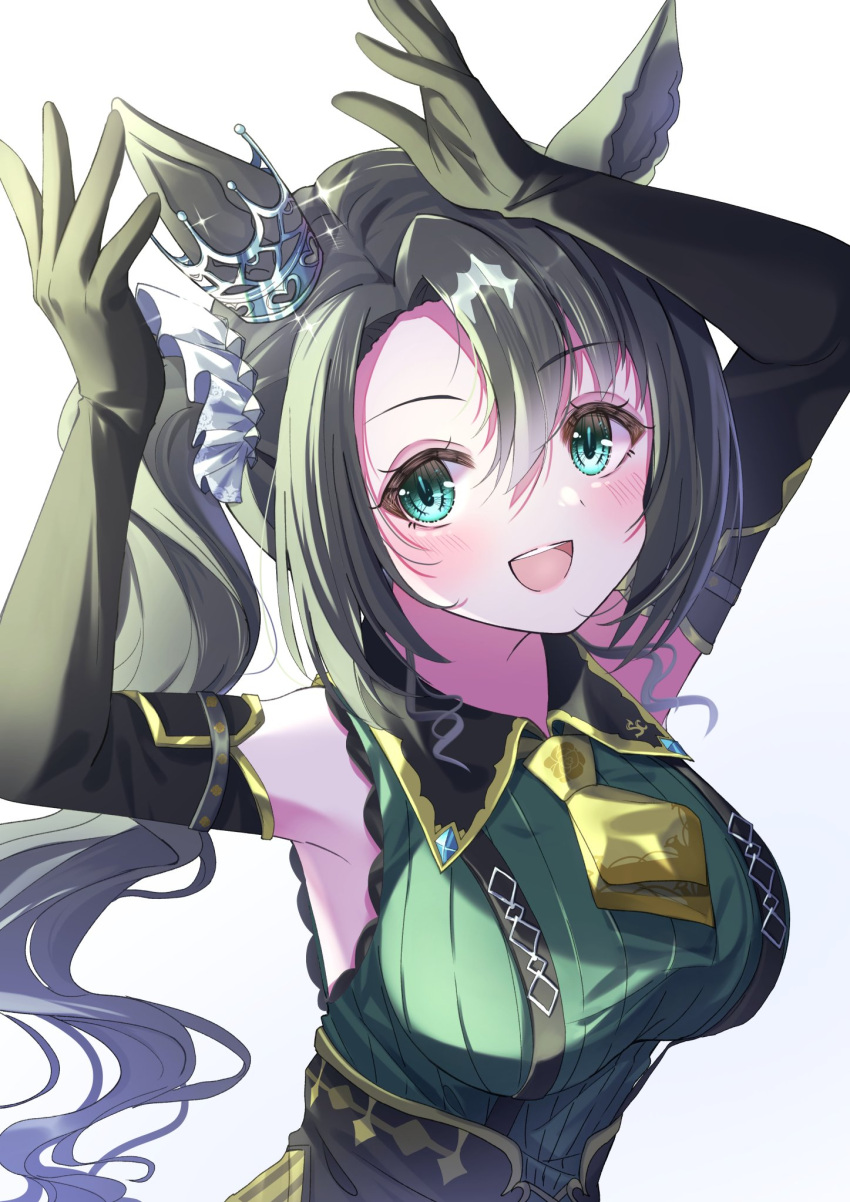 1girl :d animal_ears bare_shoulders black_gloves black_hair blue_eyes blush breasts collared_shirt crown elbow_gloves gloves green_shirt hair_between_eyes highres horse_ears horse_girl large_breasts long_hair looking_at_viewer mini_crown necktie open_mouth parted_bangs parted_hair ribbed_shirt satono_crown_(umamusume) shirt side_ponytail sidelocks simple_background sleeveless sleeveless_shirt smile solo sparkle takenaka_takeshi teeth umamusume upper_body upper_teeth_only very_long_hair white_background yellow_necktie