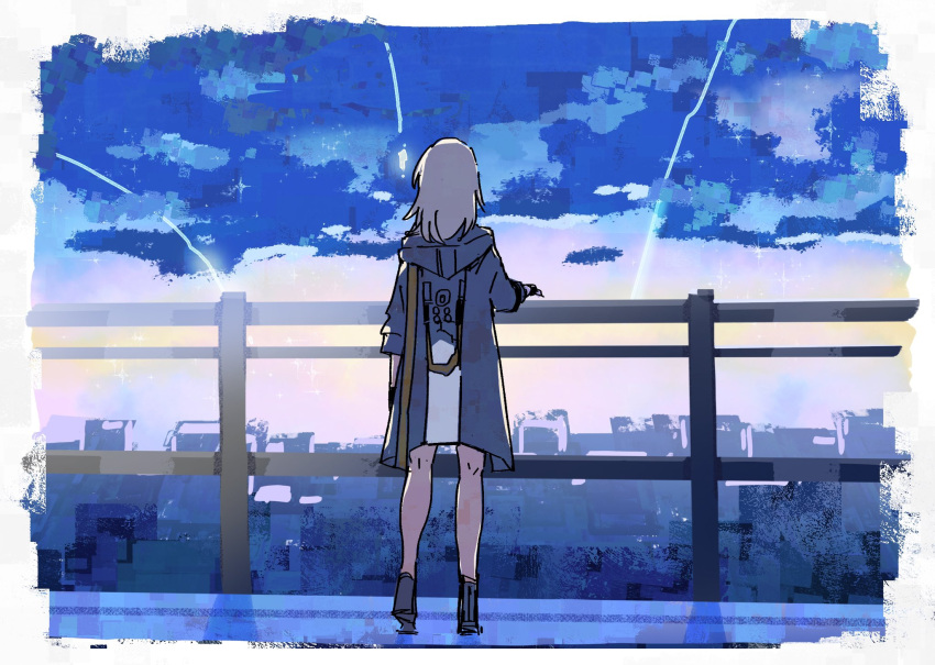 1girl arm_at_side bare_legs black_footwear blue_jacket boots border chiriejjiyo clouds cloudy_sky evening facing_ahead from_behind full_body grey_hair hand_on_railing highres honkai:_star_rail honkai_(series) hood hood_down hooded_jacket jacket legs_apart long_hair night night_sky on_railing outdoors railing shooting_star sky solo stelle_(honkai:_star_rail) trailblazer_(honkai:_star_rail) white_border