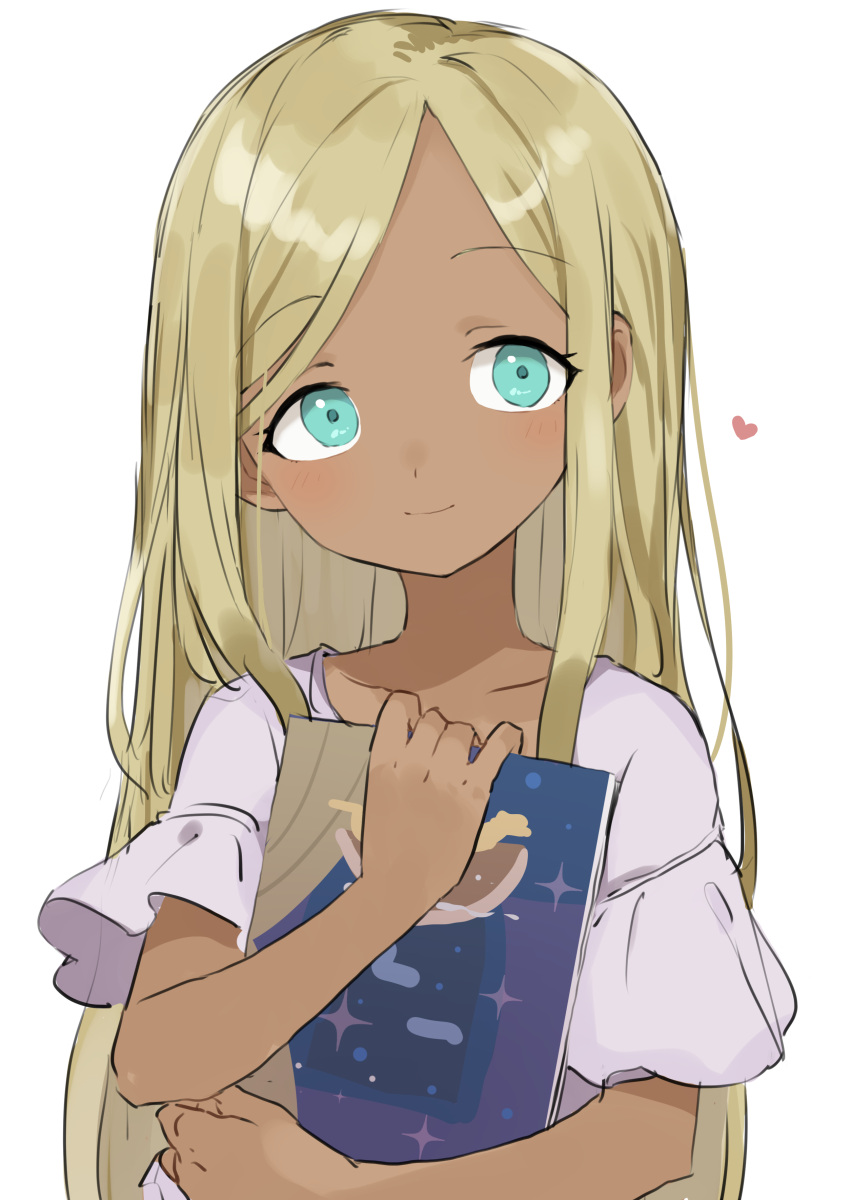 1girl absurdres aqua_eyes blonde_hair blush book closed_mouth collarbone commentary dark-skinned_female dark_skin dot_nose gazacy_(dai) hands_up heart highres holding holding_book idolmaster idolmaster_cinderella_girls idolmaster_cinderella_girls_starlight_stage layla_(idolmaster) long_hair looking_at_viewer shirt short_sleeves simple_background smile solo upper_body white_background white_shirt