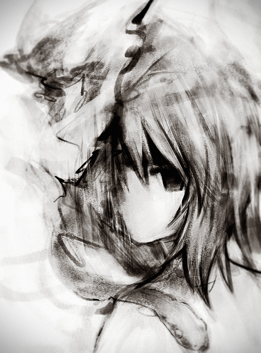1other absurdres androgynous animal_on_shoulder atoymk commentary empty_eyes greyscale highres kurohebi len'en looking_at_viewer medium_hair monochrome no_mouth no_nose other_focus portrait sketch snake snake_on_shoulder solo
