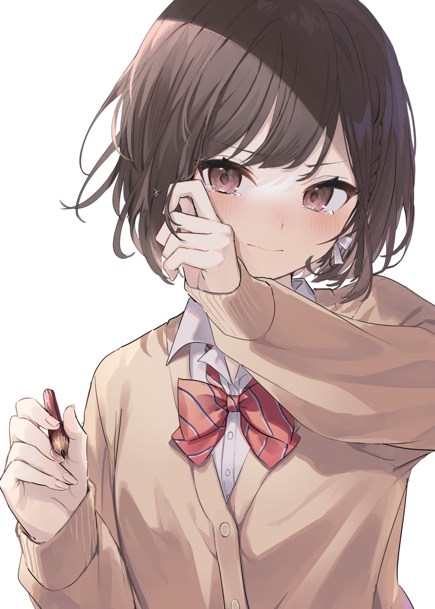 1girl absurdres blush bow bowtie braid brown_cardigan brown_eyes brown_hair buttons cardigan closed_mouth collared_shirt commentary_request crying crying_with_eyes_open diagonal-striped_bow diagonal-striped_bowtie diagonal-striped_clothes fingernails glint hair_bow highres holding holding_pencil kamiyama_high_school_uniform_(project_sekai) long_sleeves looking_at_viewer multicolored_bow multicolored_bowtie pencil project_sekai red_bow red_bowtie sad_smile school_uniform shinonome_ena shirt short_hair side_braid smile solo striped_bow striped_bowtie striped_clothes tears upper_body v-shaped_eyebrows violet_eyes white_background white_bow white_bowtie white_shirt wiping_tears wooden_pencil yuzutouhu_ika