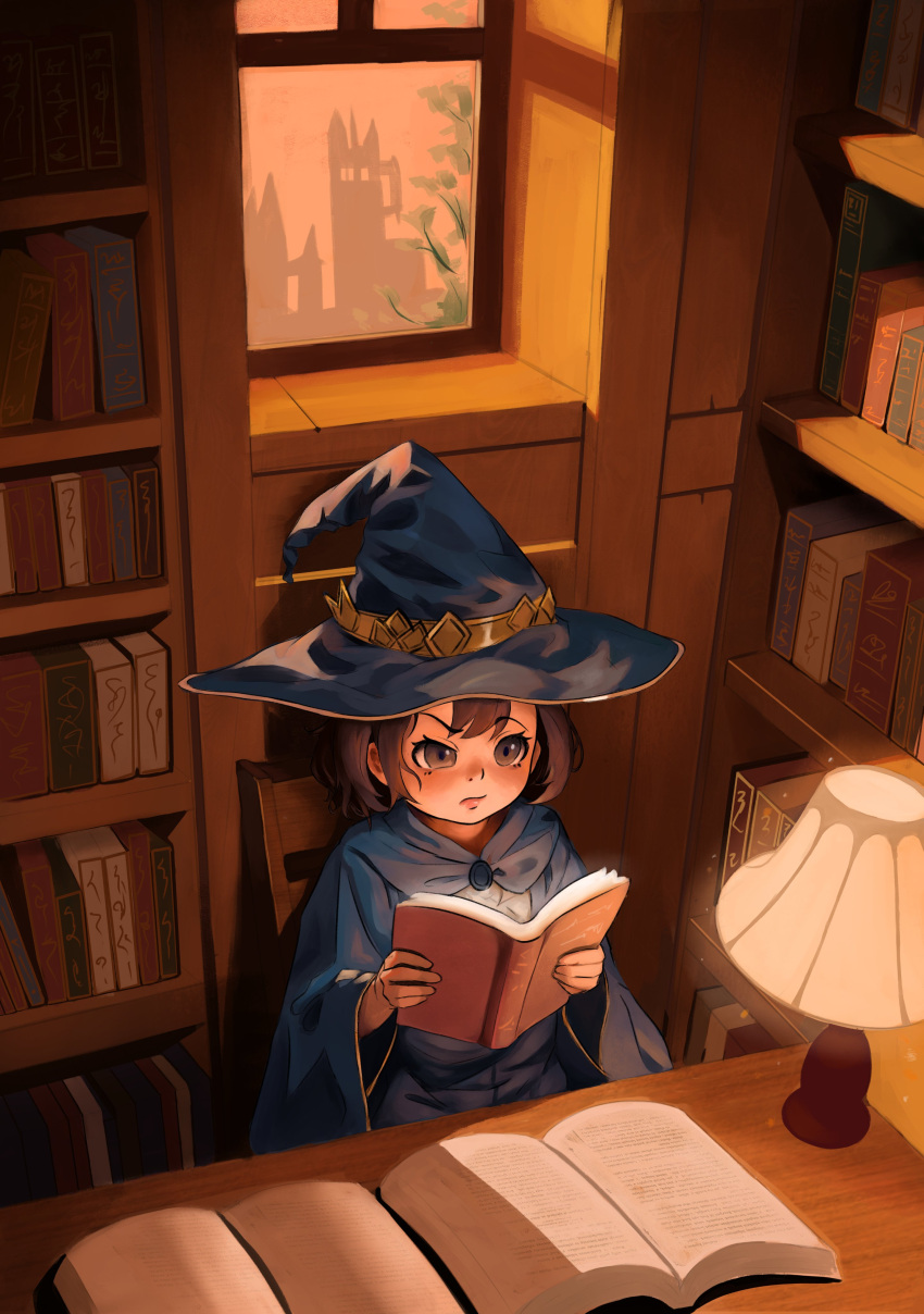 1girl absurdres blue_headwear blue_robe book bookshelf brown_eyes brown_hair desk_lamp dog_loli hat highres holding holding_book lamp open_book original reading robe sitting solo window witch witch_hat