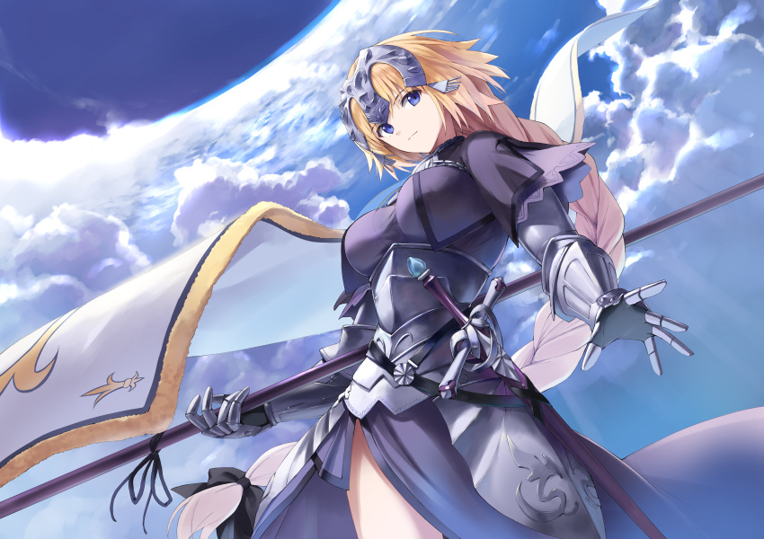 1girl absurdres armor armored_dress blonde_hair blue_sky braid braided_ponytail chain closed_mouth clouds commentary_request dress fate/apocrypha fate/grand_order fate_(series) flag floating_hair headpiece highres holding holding_flag jeanne_d'arc_(fate) jeanne_d'arc_(ruler)_(fate) long_hair looking_at_viewer pelvic_curtain plackart purple_dress sky solo sword very_long_hair violet_eyes weapon yanagi_marie