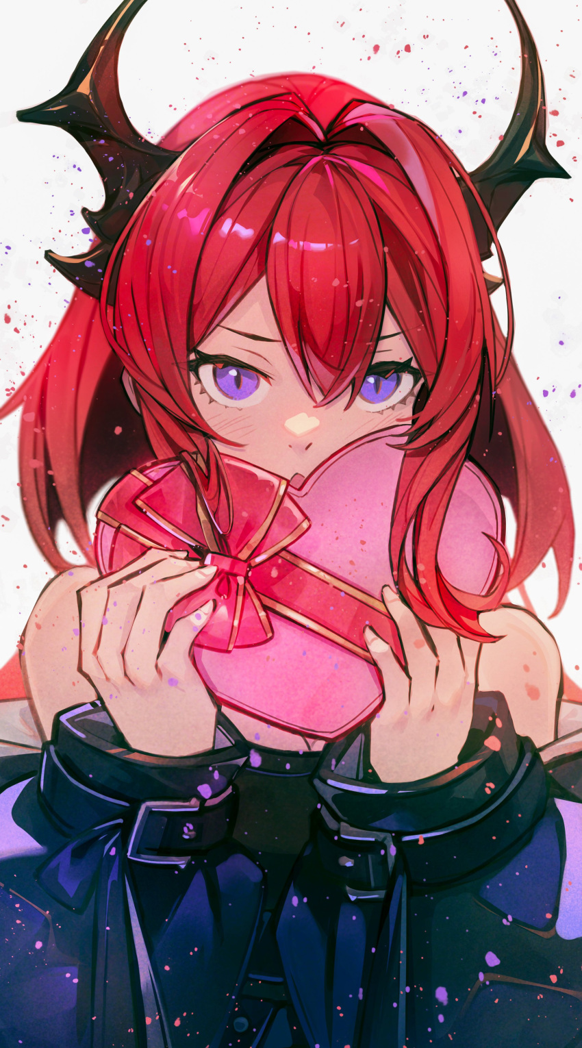 1girl absurdres arknights bare_shoulders blush box character_request hair_between_eyes hair_intakes heart-shaped_box highres horns looking_at_viewer medium_hair nondo39 open_mouth redhead surtr_(arknights) violet_eyes