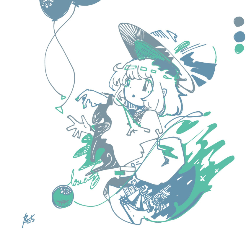 1girl 3ma_can_omochi balloon blouse bow eyeball frilled_sleeves frills hand_up hat hat_bow hat_ribbon heart heart_of_string highres komeiji_koishi limited_palette ribbon shirt solo third_eye touhou twitter_username wide_sleeves
