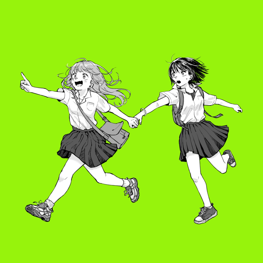 2girls backpack bag collared_shirt fang full_body green_background greyscale_with_colored_background highres holding_hands jewelry long_hair looking_at_another multiple_girls nacl_022 necklace open_mouth original partially_colored pleated_skirt pointing popped_collar running school_uniform shirt shoes short_hair short_sleeves shoulder_bag skin_fang skirt sneakers socks wavy_hair