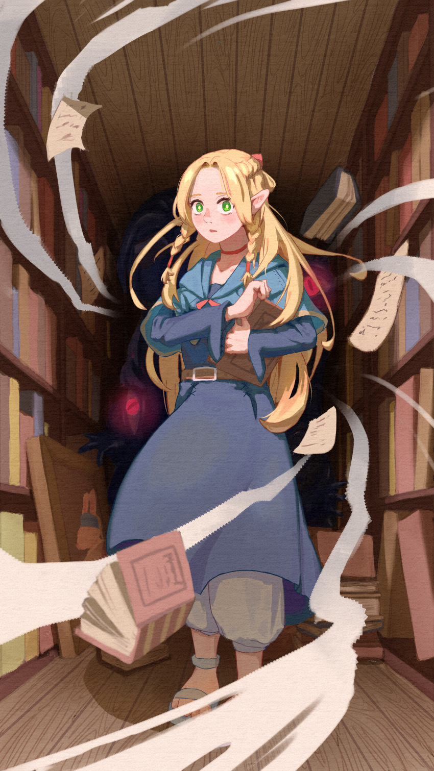 1girl absurdres asuka-w blue_capelet blue_robe book braid capelet choker dungeon_meshi elf highres holding holding_book hood hooded_capelet indoors library long_hair looking_at_viewer marcille_donato monster multiple_braids pointy_ears red_choker robe solo standing wind