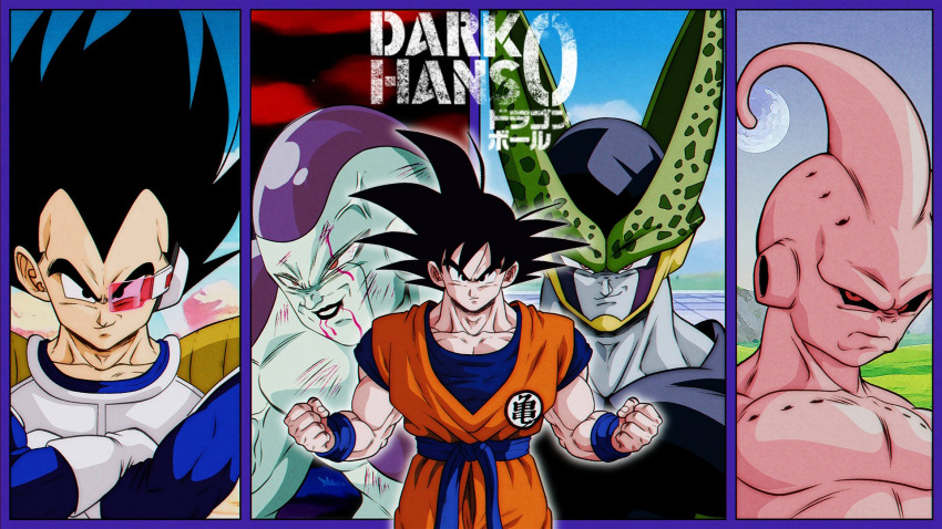 5boys anime_coloring armor bleeding blood blood_on_face cell_(dragon_ball) collarbone commentary commission darkhans0 dougi dragon_ball dragon_ball_z english_commentary frieza highres kid_buu majin_buu multiple_boys muscular muscular_male pectorals perfect_cell red_eyes saiyan_armor scouter smile son_goku spiky_hair vegeta watermark