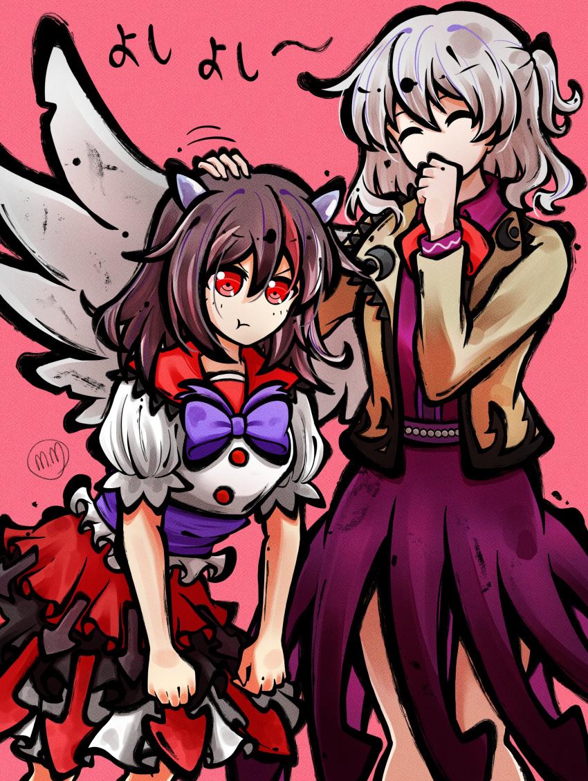 2girls absurdres angel_wings black_hair bow bowtie clenched_hands closed_eyes closed_mouth commentary commission cone_horns covering_own_mouth dress grey_hair grey_horns grey_wings headpat highres horns jacket kijin_seija kishin_sagume long_hair long_sleeves moguman multicolored_hair multiple_girls open_clothes open_jacket pout puffy_short_sleeves puffy_sleeves purple_bow purple_bowtie purple_dress red_background red_bow red_bowtie red_eyes redhead short_sleeves single_wing small_horns streaked_hair suit_jacket touhou wings