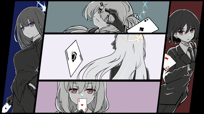 5girls absurdres ace_(playing_card) ace_of_clubs ace_of_diamonds ace_of_hearts ace_of_spades arius_squad_(blue_archive) atsuko_(blue_archive) azusa_(blue_archive) black_gloves black_hair black_jacket black_necktie black_pants black_suit blue_archive card club_(shape) collared_shirt covering_own_mouth diamond_(shape) floating_hair generic_33 gloves green_eyes hair_between_eyes hair_ornament hairclip halo heart highres hiyori_(blue_archive) jacket joker_(playing_card) misaki_(blue_archive) multiple_girls necktie ok_sign ok_sign_over_eye pants pink_eyes playing_card red_eyes saori_(blue_archive) shirt spade_(shape) suit suit_jacket violet_eyes white_hair white_shirt