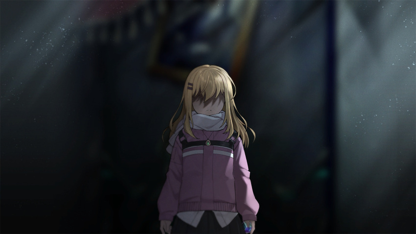 1girl arms_at_sides artist_request blonde_hair blurry blurry_background breasts chrono_ark collared_shirt expressionless hair_ornament highres jacket jewelry long_hair looking_at_viewer lucy_(chrono_ark) necklace non-web_source official_art pendant pleated_skirt scarf shaded_face shirt shoes skirt small_breasts sneakers standing