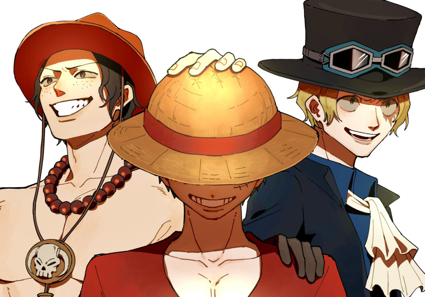 3boys ascot black_hair black_headwear blonde_hair commentary_request gloves hand_on_another's_shoulder hand_on_headwear hat highres jewelry looking_to_the_side male_focus monkey_d._luffy multiple_boys necklace oh_imo one_piece orange_headwear portgas_d._ace red_shirt sabo_(one_piece) scar scar_on_face shirt simple_background smile straw_hat top_hat topless_male upper_body white_ascot white_background