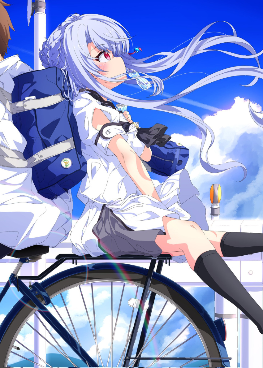1boy 1girl arm_between_legs arm_cutout bag bicycle black_socks blue_sky blush brown_hair clouds cloudy_sky contrail day feet_out_of_frame floating_hair from_side grey_hair grey_skirt guard_rail highres kneehighs kyamiuu lens_flare looking_up out_of_frame outdoors pleated_skirt profile red_eyes riding riding_bicycle school_bag school_uniform shirt short_sleeves skirt sky socks solo_focus sorakado_ao summer_pockets takahara_hairi white_shirt