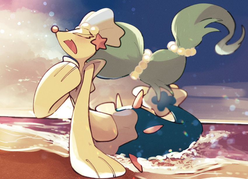 animal_focus beach blue_sky blush closed_eyes clouds colored_eyelashes colored_skin highres long_hair multi-tied_hair no_humans open_mouth pokemon pokemon_(creature) primarina sand sky snout solo sstoh very_long_hair water white_skin