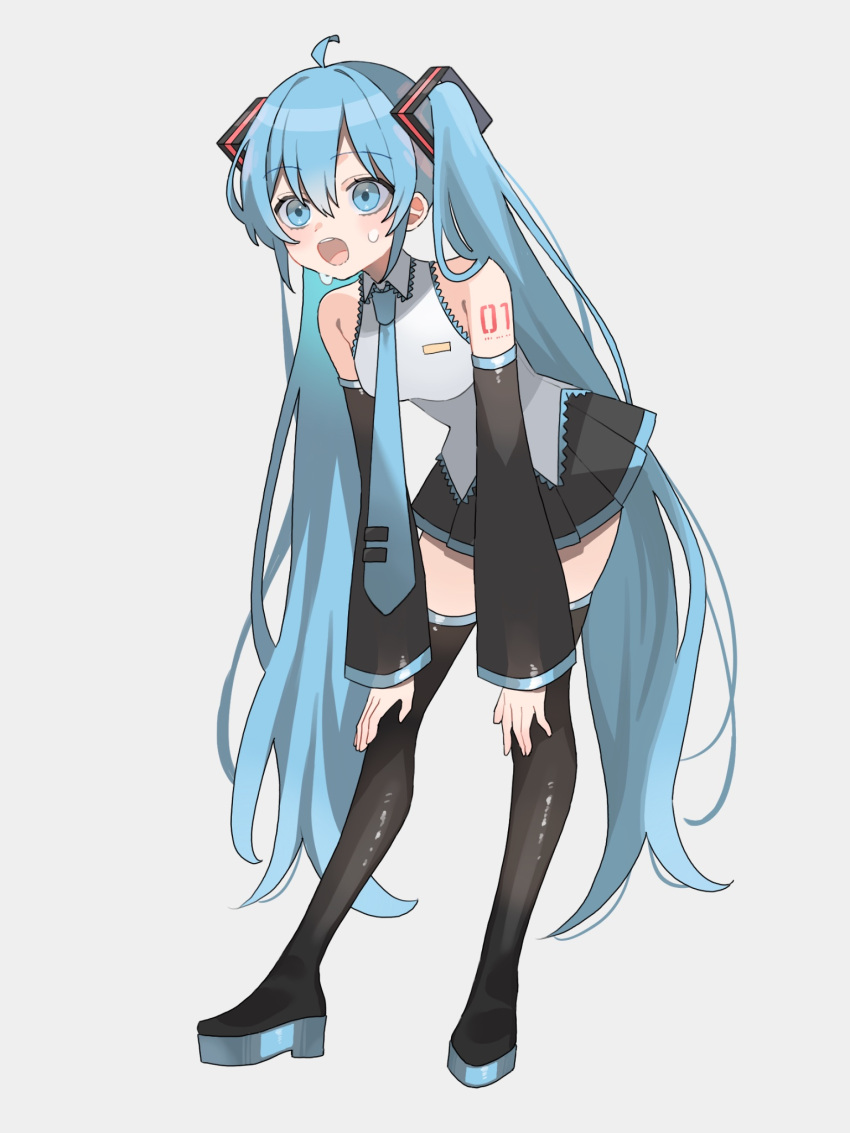 1girl :o ahoge bare_shoulders black_footwear black_skirt black_sleeves blue_eyes blue_hair blue_necktie blush boots collared_shirt detached_sleeves dot_nose frilled_shirt frills full_body hair_between_eyes hair_ornament hands_on_own_legs hatsune_miku highres leaning_forward long_hair long_sleeves looking_ahead miniskirt necktie nitsuki_09 number_tattoo open_mouth pleated_skirt shirt sidelocks simple_background skirt sleeveless sleeveless_shirt solo sweat tattoo teeth thigh_boots tie_clip twintails upper_teeth_only very_long_hair vocaloid white_background white_shirt zettai_ryouiki