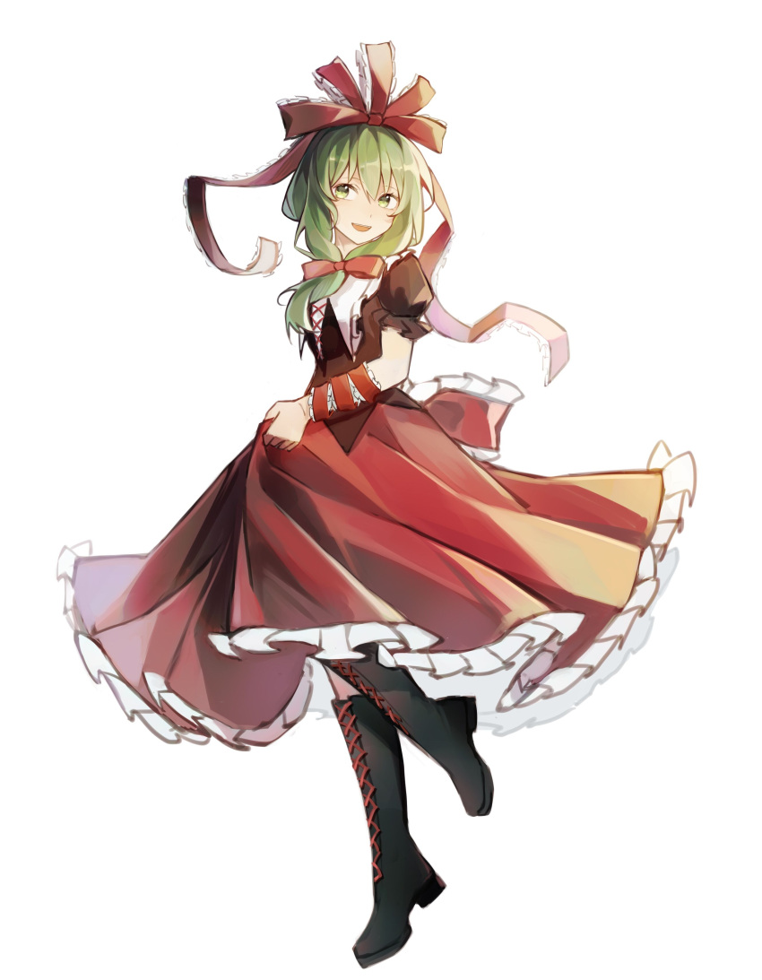 1girl absurdres arm_ribbon black_footwear boots bow cross-laced_footwear dress frilled_dress frilled_ribbon frills front_ponytail full_body green_eyes green_hair hair_bow hair_ribbon highres kagiyama_hina puffy_short_sleeves puffy_sleeves red_bow red_dress red_ribbon ribbon shijiu770 short_sleeves simple_background smile solo touhou white_background
