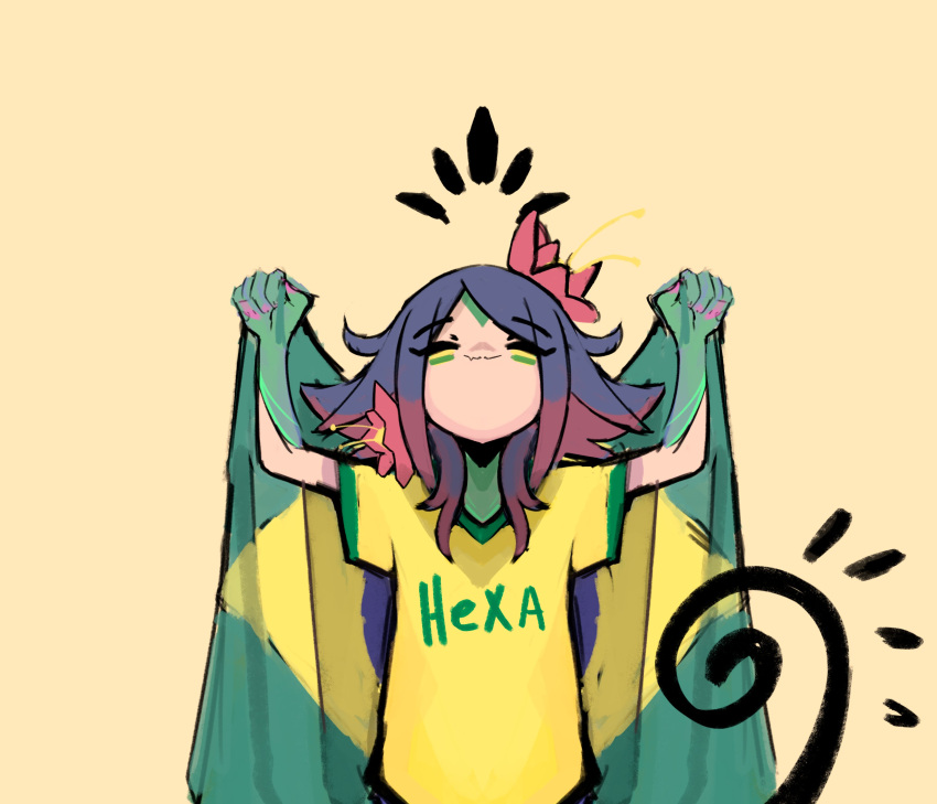 1girl absurdres brazilian_flag closed_eyes closed_mouth colored_skin facing_up fang flower green_shirt green_skin hair_flower hair_ornament highres league_of_legends lizard_tail medium_hair neeko_(league_of_legends) purple_hair red_flower redhead riloyoy shirt short_sleeves simple_background skin_fang solo tail upper_body yellow_shirt
