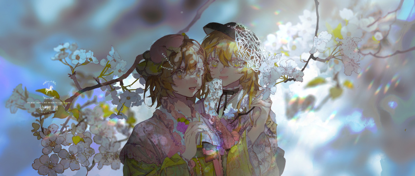 2girls absurdres beads black_headwear blonde_hair blurry blurry_background branch brown_eyes brown_hair cherry_blossoms chinese_commentary closed_mouth flower green_kimono hair_beads hair_between_eyes hair_ornament hand_up hat highres japanese_clothes kimono lace-trimmed_kimono lace_trim lens_flare long_hair looking_at_viewer misaka_mikoto multicolored_background multiple_girls open_mouth outdoors pink_kimono shokuhou_misaki short_hair toaru_kagaku_no_railgun toaru_majutsu_no_index two-tone_kimono upper_body white_flower youlili yuri