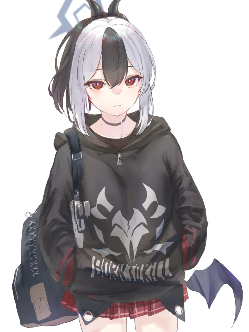 1girl bag black_hoodie blue_archive collarbone cowboy_shot gun h&amp;k_p30 halo handgun hands_in_pockets heckler_&amp;_koch highres holster holstered hood hoodie horns kayoko_(blue_archive) long_sleeves looking_at_viewer low_wings marulire mole mole_on_neck multicolored_hair plaid plaid_skirt pleated_skirt ponytail red_eyes red_skirt shoulder_holster simple_background single_wing skirt solo weapon white_background wings