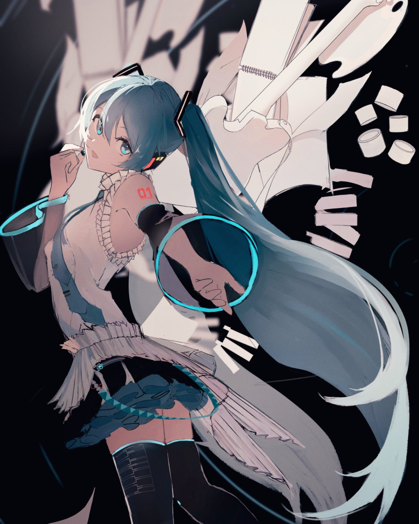1girl :d adjusting_clothes adjusting_headwear belt black_skirt black_sleeves black_thighhighs blue_eyes blue_hair blue_necktie collared_shirt cowboy_shot detached_sleeves frilled_shirt frills from_side hair_between_eyes hair_ornament hatsune_miku hatsune_miku_happy_16th_birthday_-dear_creators- head_tilt headset highres long_hair long_sleeves looking_at_viewer loose_belt microphone necktie open_mouth outstretched_arm pleated_skirt potetoneko see-through see-through_sleeves shirt skirt sleeveless sleeveless_shirt smile solo thigh-highs tie_clip twintails very_long_hair vocaloid white_shirt zettai_ryouiki