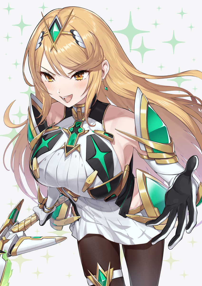 1girl absurdres aegis_sword_(xenoblade) backless_outfit bare_legs blonde_hair blush breasts chest_jewel dress elbow_gloves gloves green322 highres large_breasts long_hair looking_at_viewer microdress mythra_(xenoblade) open_mouth smile solo swept_bangs sword tiara weapon white_dress white_gloves xenoblade_chronicles_(series) xenoblade_chronicles_2 yellow_eyes