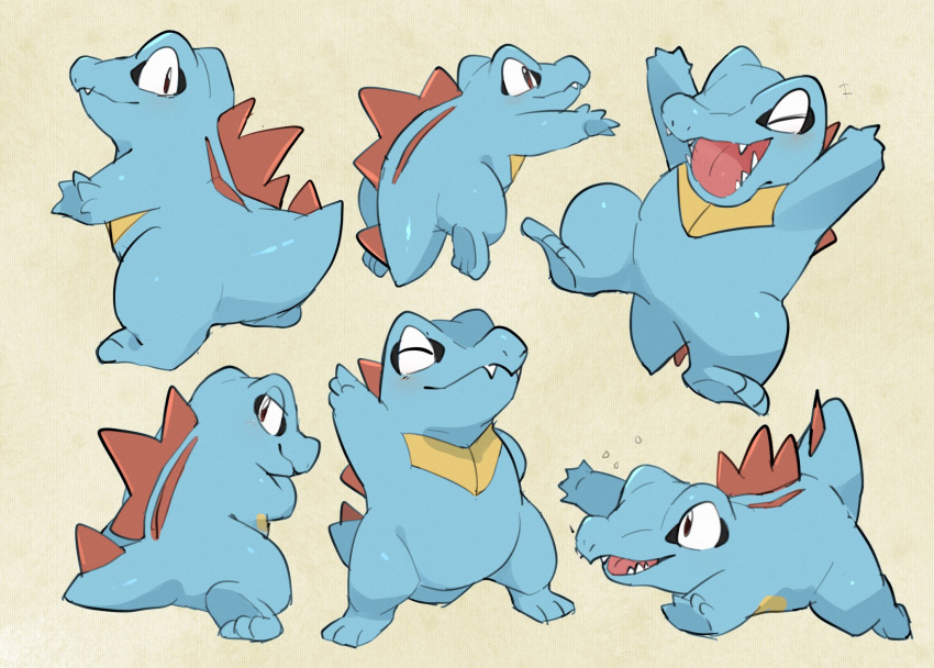 blue_skin colored_skin crocodilian dorobo_93 highres lying multiple_views no_humans on_stomach open_mouth pointing pokemon pokemon_(creature) totodile yellow_background
